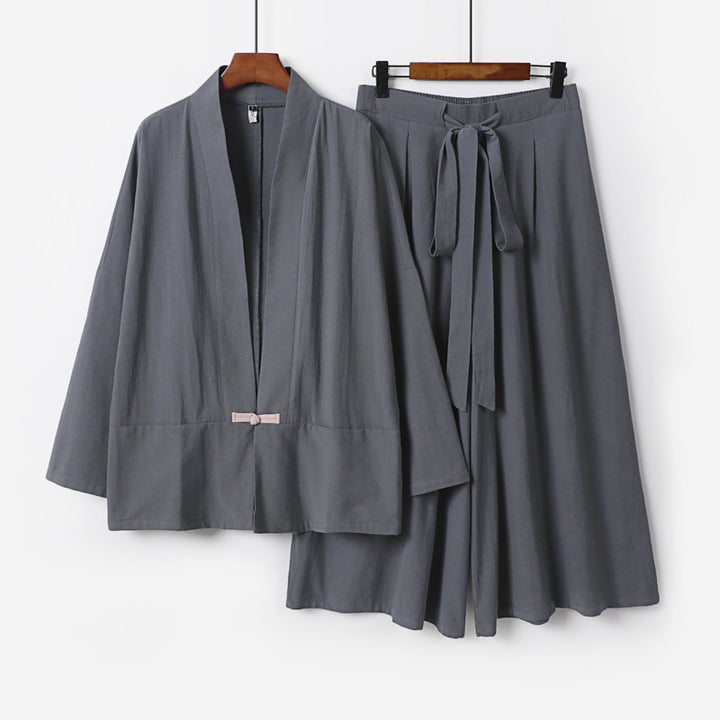 Damen Zen-inspiriertes Kimono-Set aus fließender Viskose mit kurzer Jacke und weiter Culotte-Hose Drune
