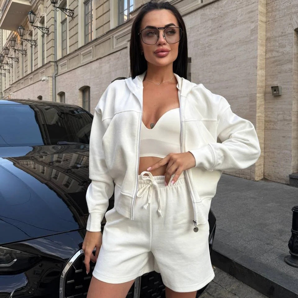 Damen Freizeit-Jogginganzug mit Zip-Hoodie und lockeren Shorts Drune