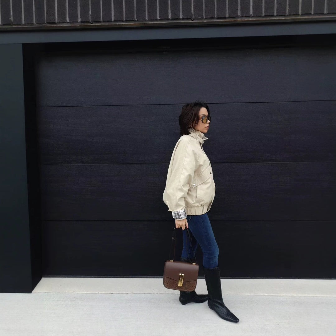Damen Kurze Boxy-Fieldjacke mit hohem Funnelkragen und karierten Ärmelumschlägen Drune
