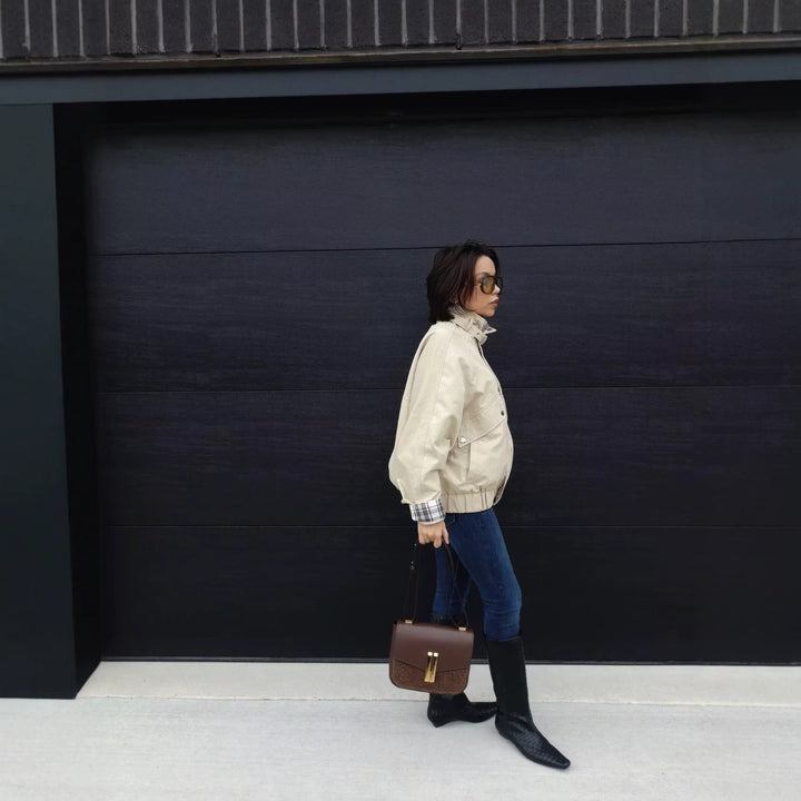 Damen Kurze Boxy-Fieldjacke mit hohem Funnelkragen und karierten Ärmelumschlägen Drune