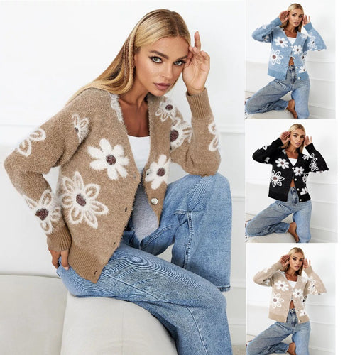 Damen Strickjacke mit floralem Muster und eleganten Knöpfen Drune