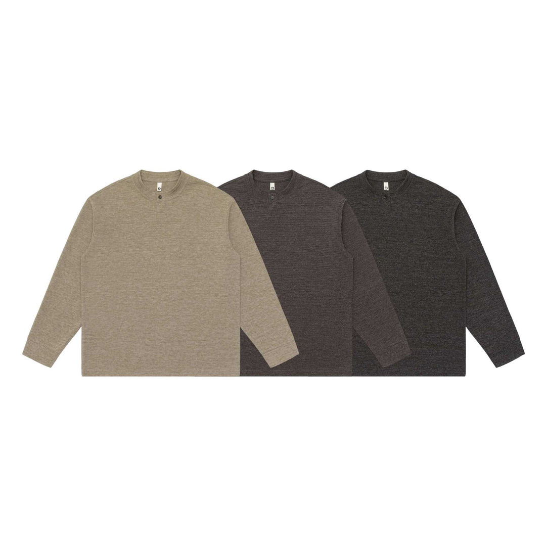 Unisex Strukturierter Henley-Pullover mit kurzem Knopfkragen und Oversize-Schnitt Drune