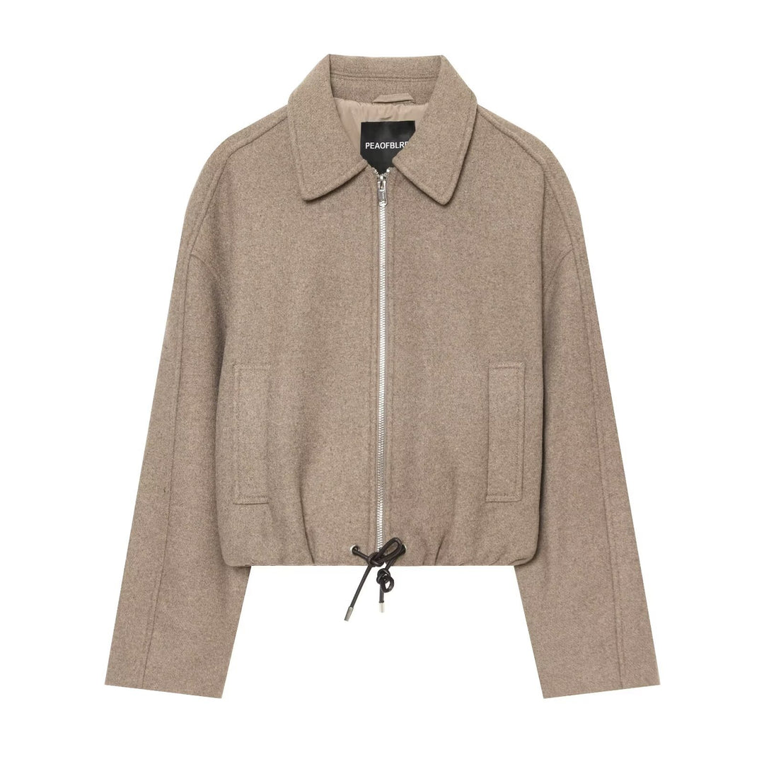 Damen Kurze Wollmix-Jacke mit Frontreißverschluss und Kordelzugsaum Drune