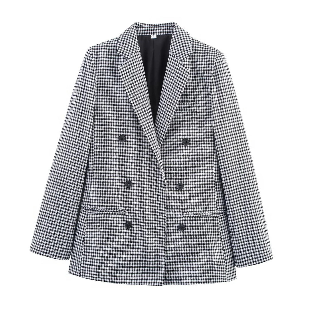 Damen nan taillierter Longblazer im Doppelreiher mit Reverskragen und Pattentaschen Drune