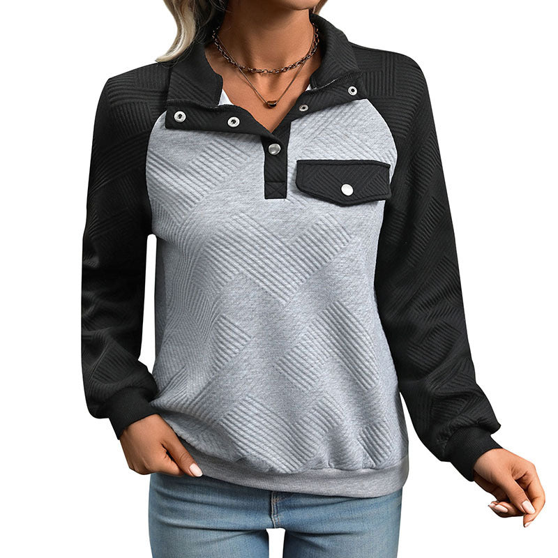 Damen Steppstruktur-Sweatshirt mit Raglanärmeln, Druckknopf-Leiste und Brustpatte Drune