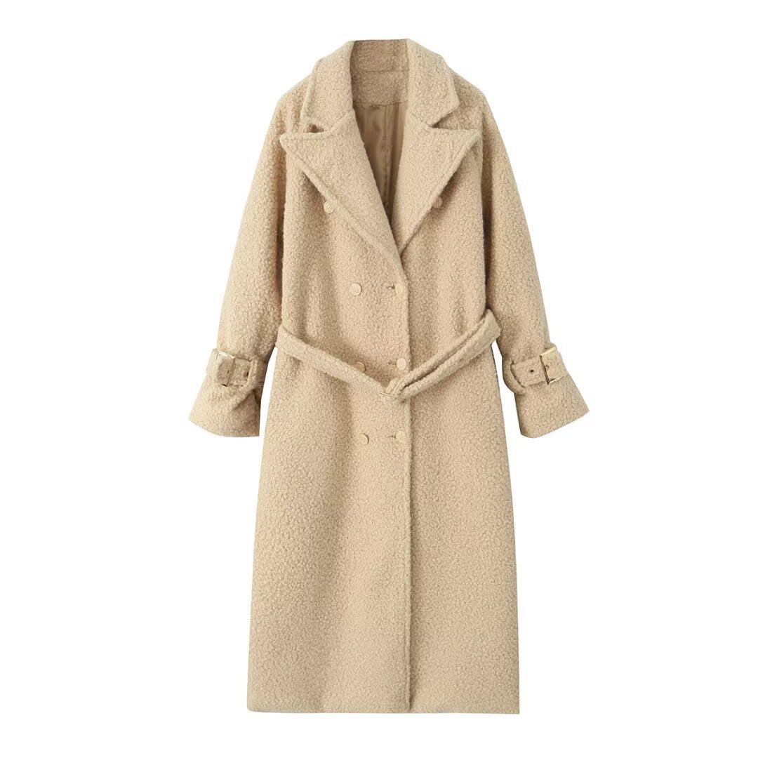 Damen Zweireihiger Teddy‑Mantel mit Bindegürtel und Schnallenärmeln Drune