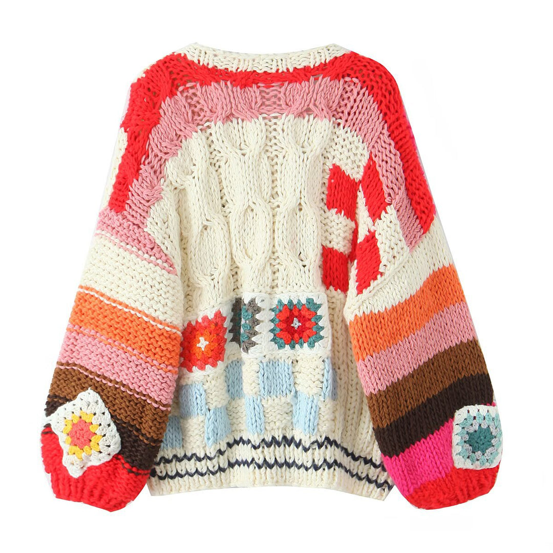 Damen Grobgestrickte Boho-Cardigan mit Häkelpatchwork Drune