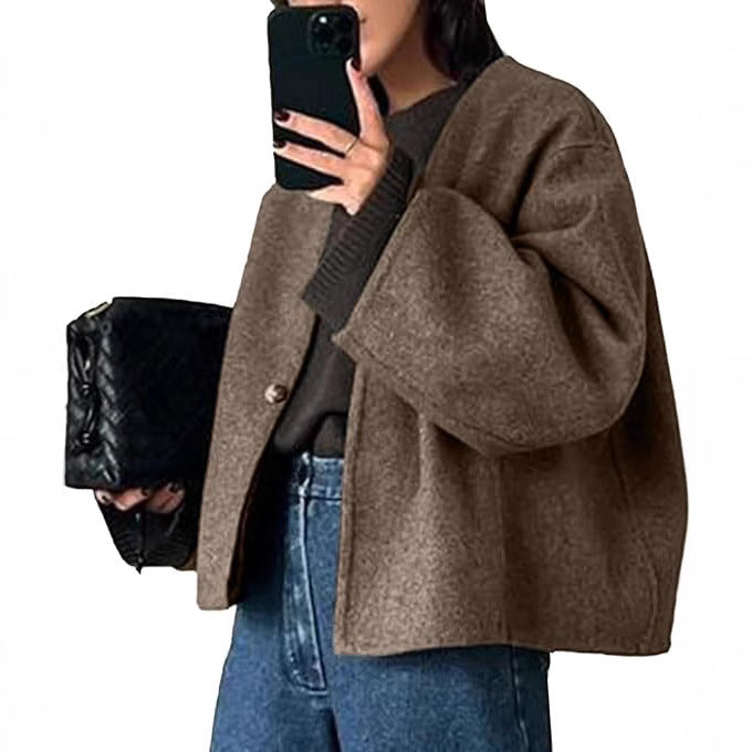 Damen Kurz geschnittene Oversize Wolljacke mit kastigem Schnitt und Ein-Knopf-Verschluss Drune