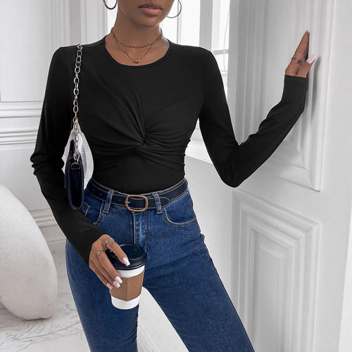 Damen Figurbetontes Langarmshirt mit Twist-Detail und Rundhalsausschnitt Drune