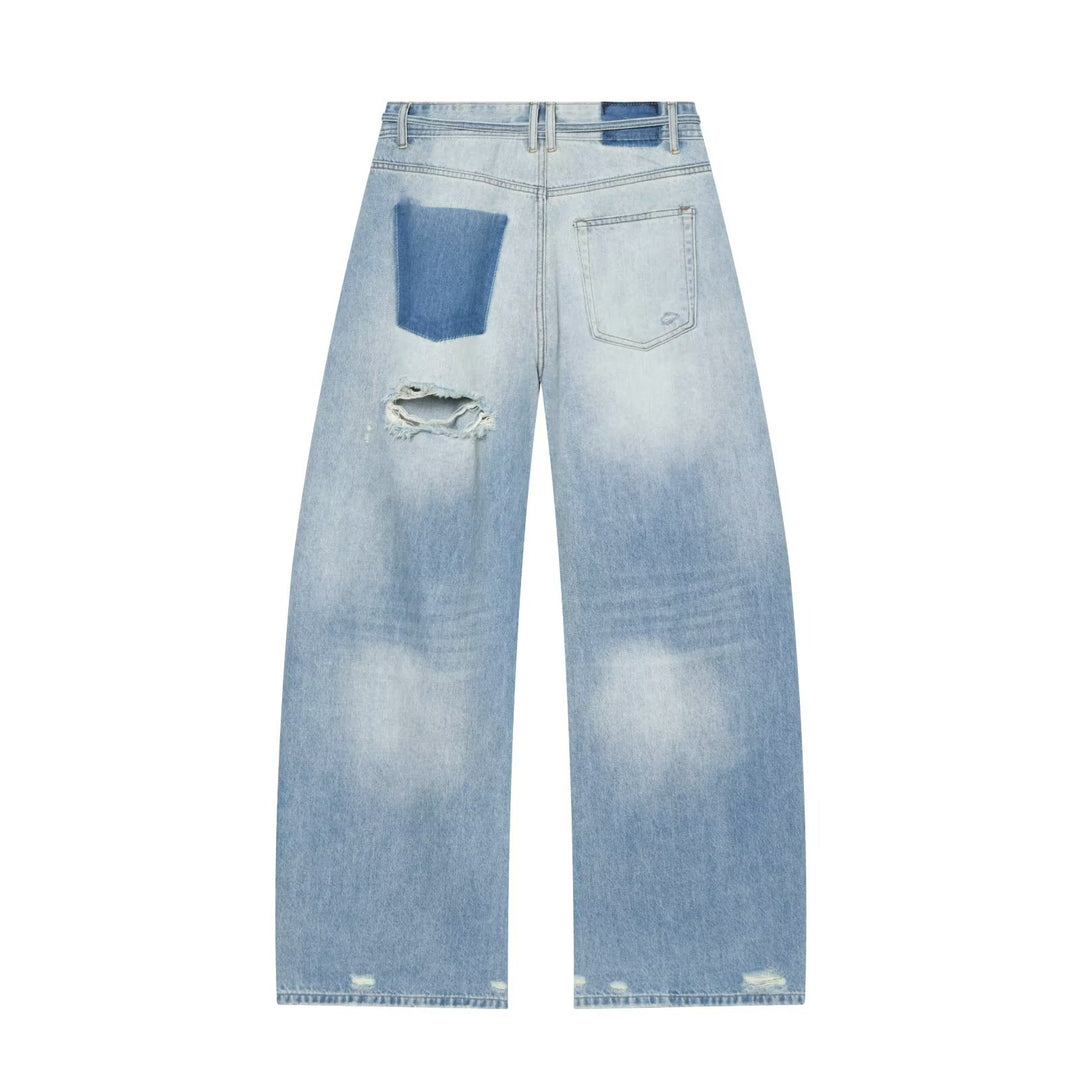 Damen Hochgeschnittene weite Denim-Jeans mit Destroyed-Details und Tunnelzug Drune