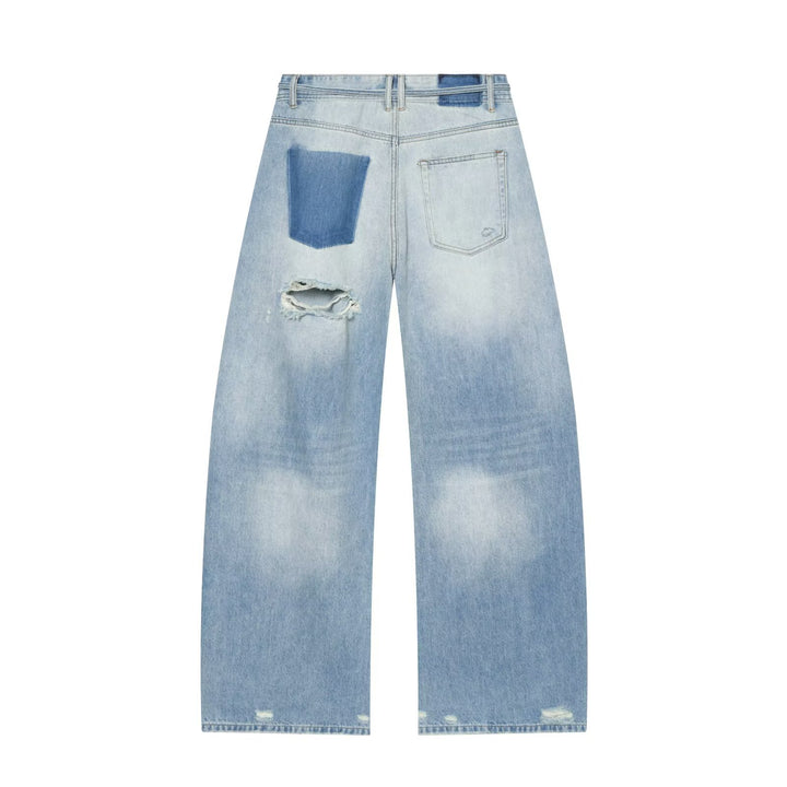 Damen Hochgeschnittene weite Denim-Jeans mit Destroyed-Details und Tunnelzug Drune