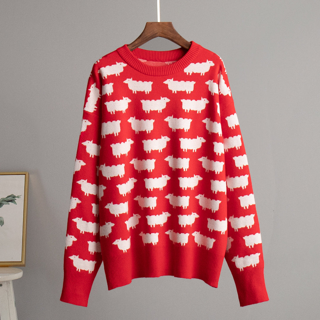 Damen Gemusterter Strickpullover mit Schafmotiven Drune