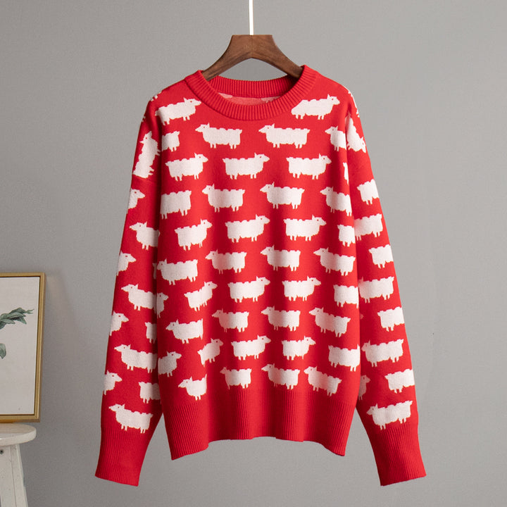 Damen Gemusterter Strickpullover mit Schafmotiven Drune