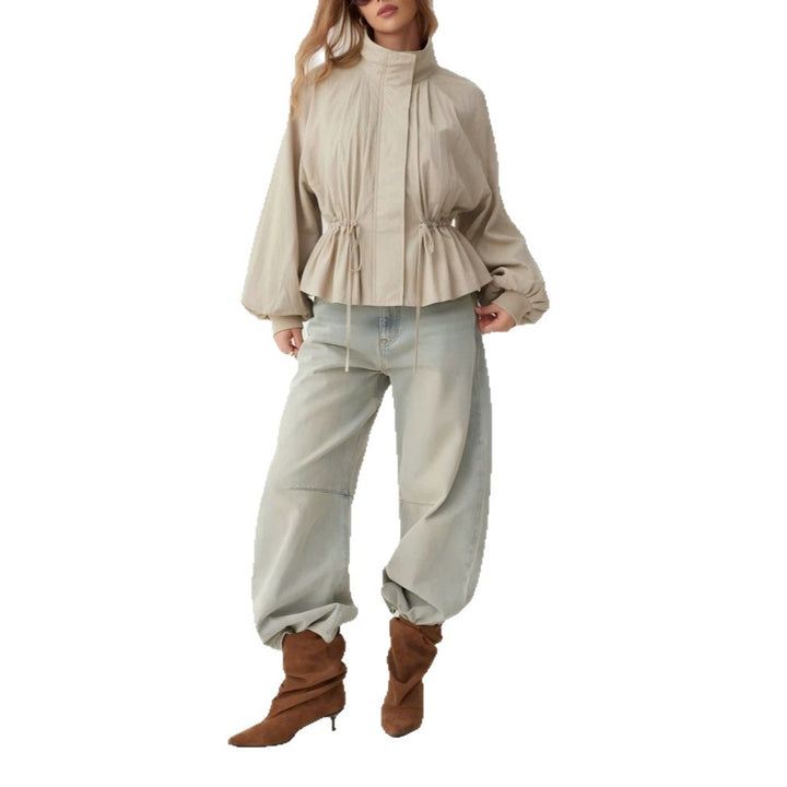 Damen Taillierte Übergangsjacke mit Tunnelzug, Stehkragen und Ballonärmeln Drune