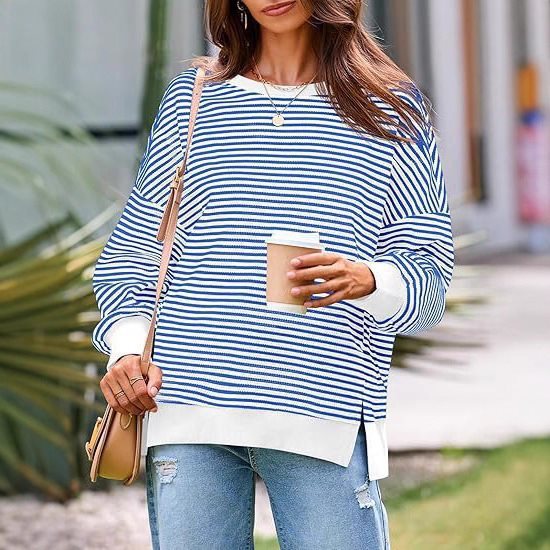 Damen Gestreifter Oversize-Sweater mit Rundhalsausschnitt und Seitenschlitzen Drune
