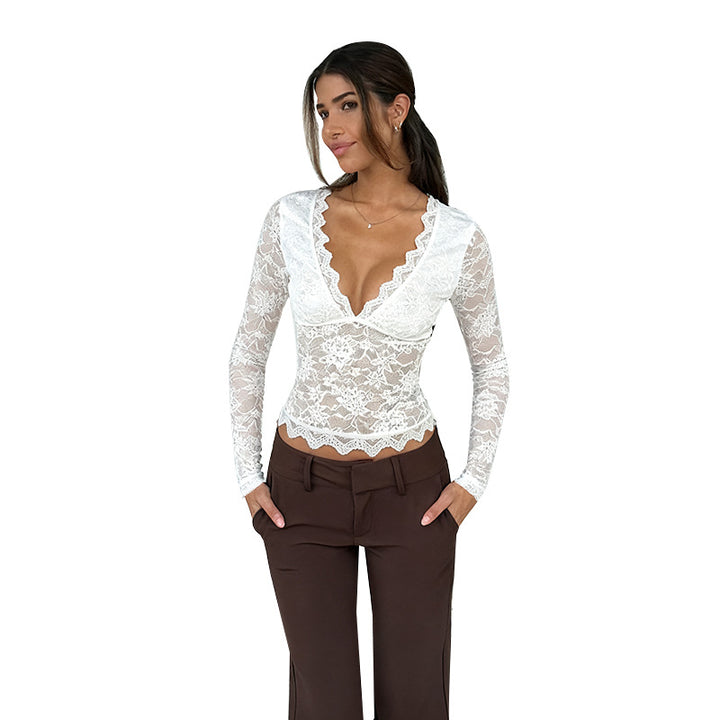 Damen Spitze Langarmshirt mit V-Ausschnitt und Rüschen Drune
