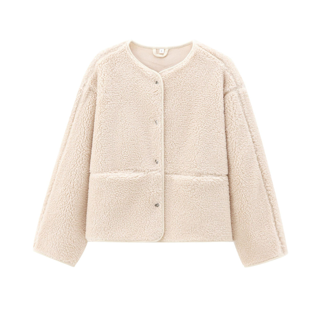 Damen nan kurz geschnittene Teddyjacke mit Druckknopfleiste und aufgesetzten Taschen Drune