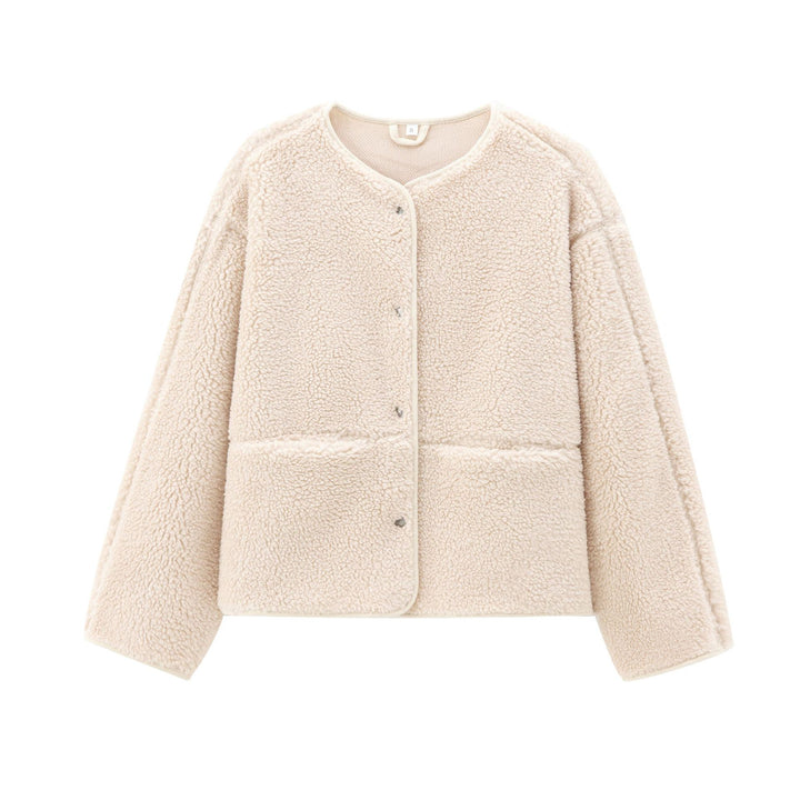 Damen nan kurz geschnittene Teddyjacke mit Druckknopfleiste und aufgesetzten Taschen Drune