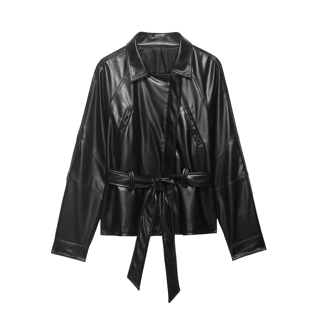 Damen Kurze Lederoptik-Trenchjacke mit Taillengürtel und überschnittenen Raglanärmeln Drune