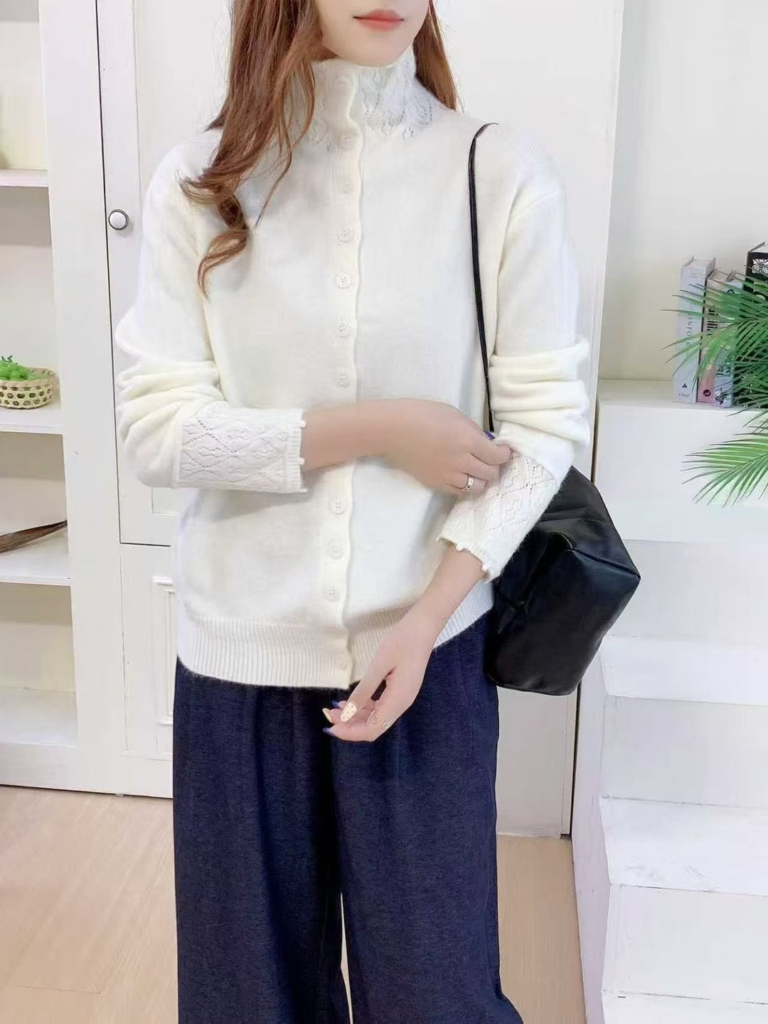 Damen Elegante Strickjacke mit hohen Kragen Drune