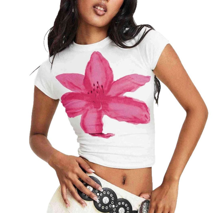 Damen Kurzarm T-Shirt mit floralem Aquarell-Motiv und figurbetontem Schnitt Drune