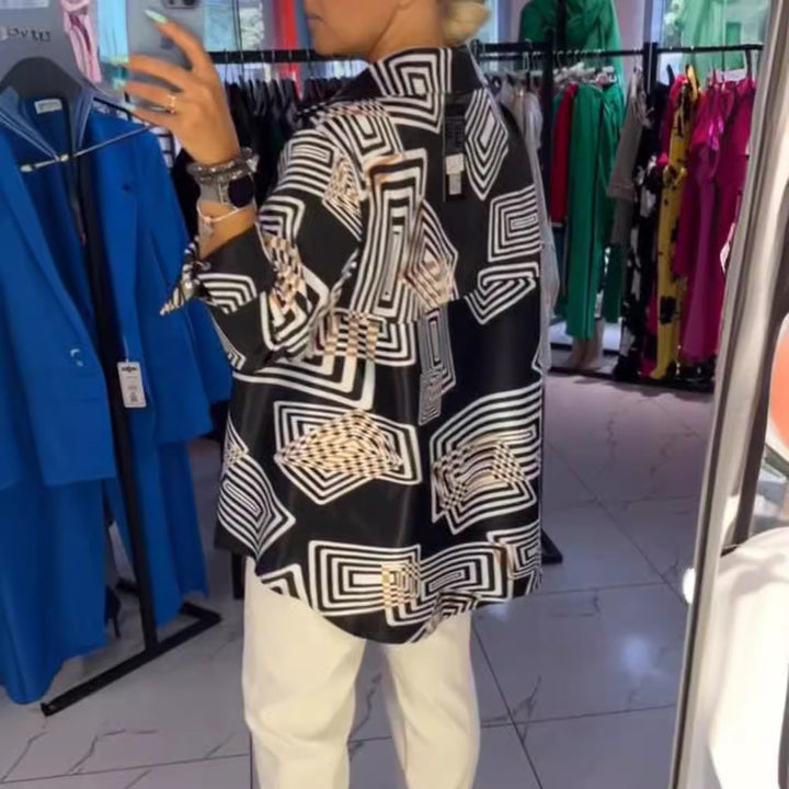 Damen nan weite Seidenoptik-Hemdbluse mit grafischem Quadratprint, asymmetrischem Zipfelsaum und Perlmuttknopfleiste Drune
