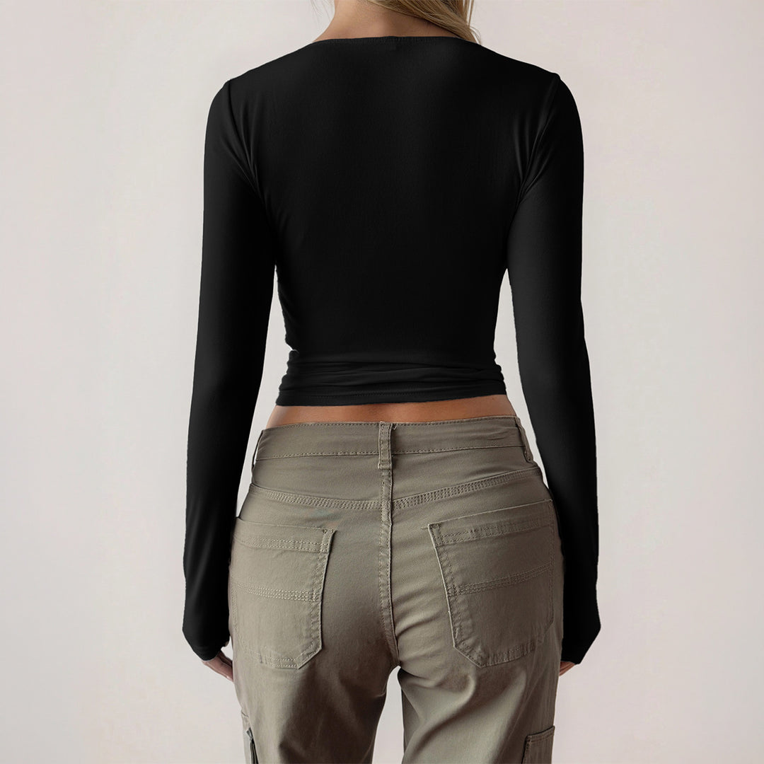 Damen nan figurbetontes Langarm-Top mit integrierten Bügelcups, quadratischem Ausschnitt und Sculpting-Effekt Drune