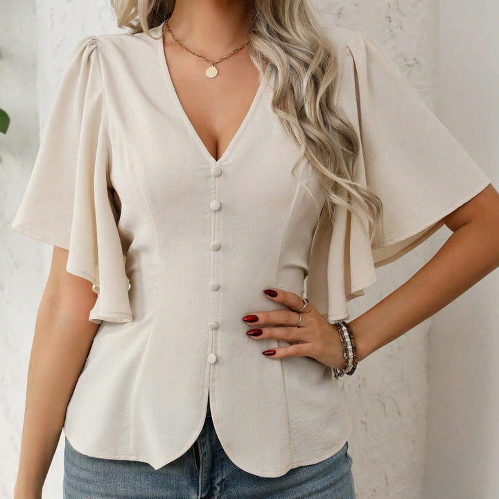 Damen Bluse mit fließenden Ärmeln und V-Ausschnitt Drune