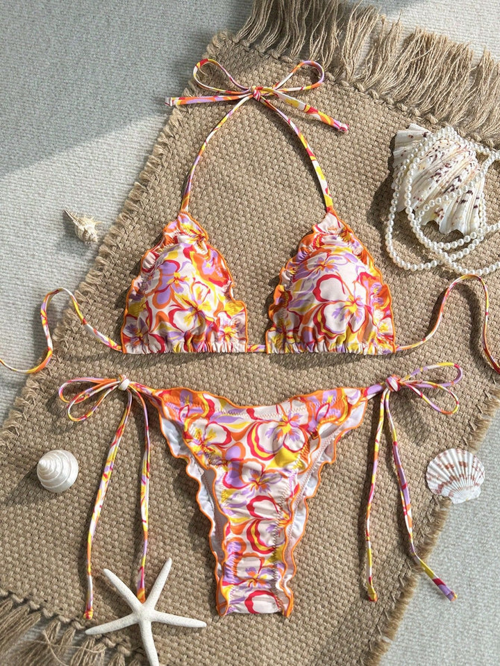Damen Triangel-Bikini mit Rüschendetails und lebhaftem Blumendruck Drune