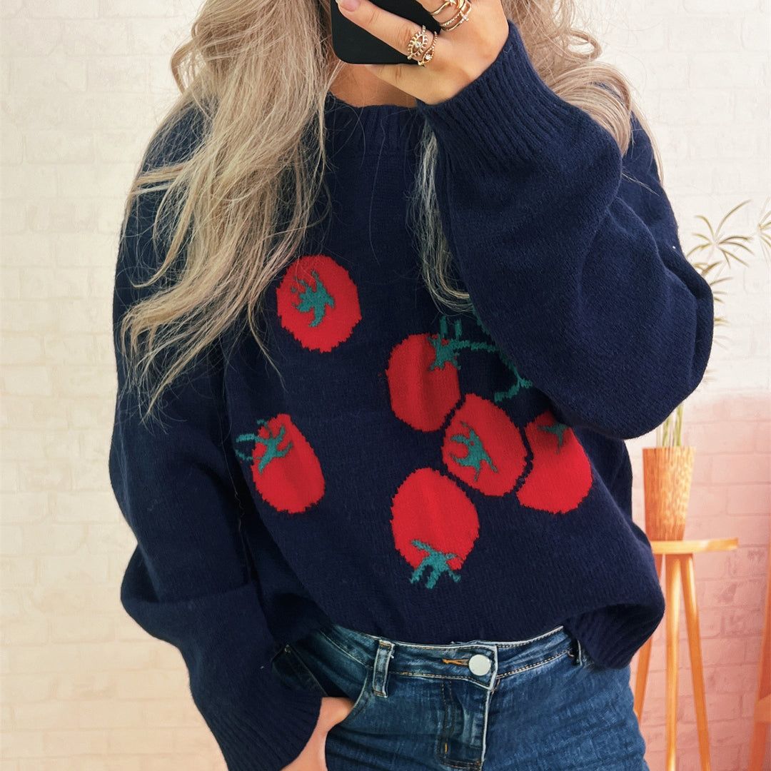 Damen Strickpullover mit verspieltem Tomatenmotiv und lässigem Schnitt Drune