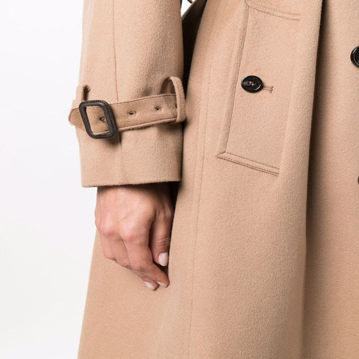 Damen Midilanger Wollmix-Trenchcoat im Tailoring mit Doppelreihe, Taillengürtel und Epauletten Drune