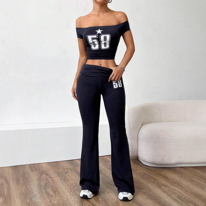 Damen Off-Shoulder Crop-Top und weite Hose Set Drune