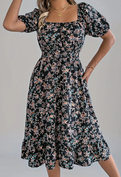 Damen sommerliches Blumenkleid mit Puffärmeln und Rüschensaum Drune