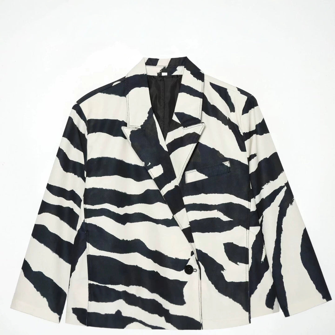 Damen Oversize-Blazer mit Zebra-Print, fallendem Revers und Pattentaschen Drune