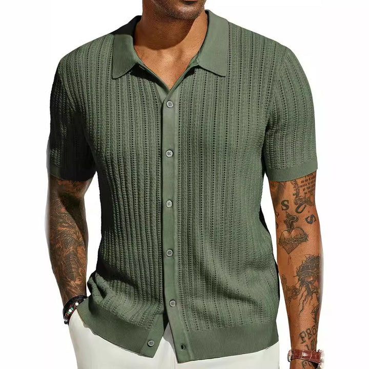 Herren Kurzarm Strickhemd mit feiner Lochstruktur und klassischem Kragen Drune