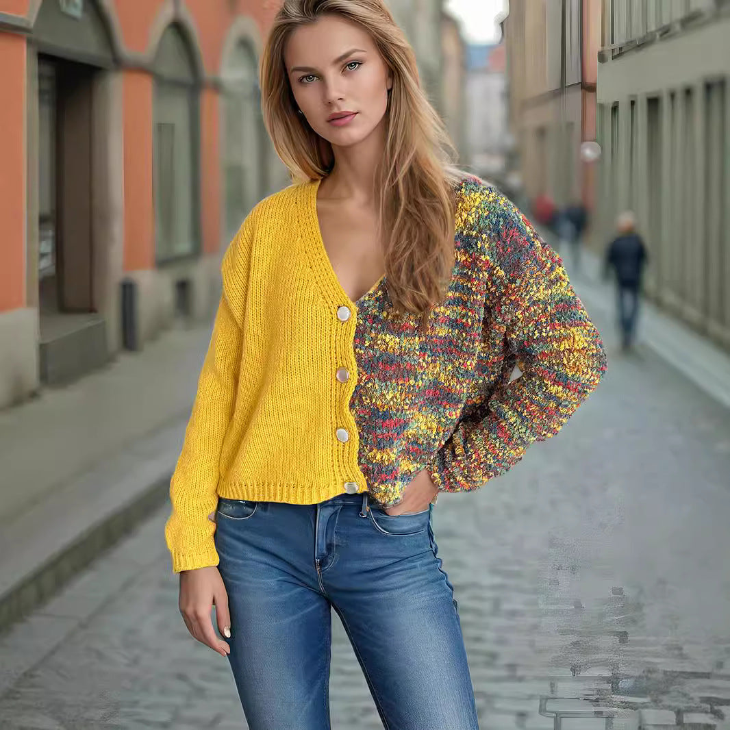 Damen modische Strickjacke mit langen Puffärmeln und buntem Akzent Drune