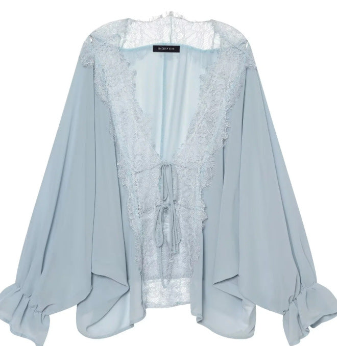 Damen Transparenter Chiffonkimono mit Spitzenbesatz und Volumenärmeln Drune