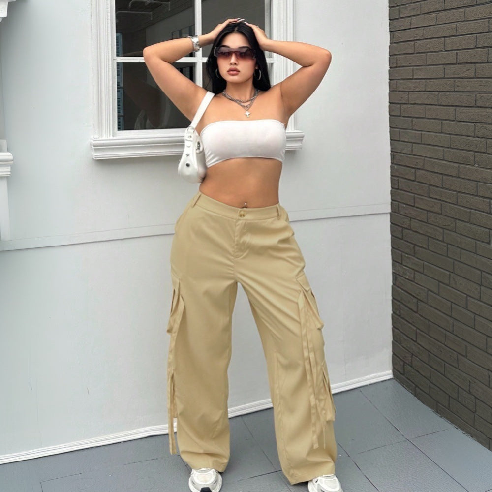 Damen weite Cargo-Hose mit funktionalen Taschen und elastischem Bund Drune