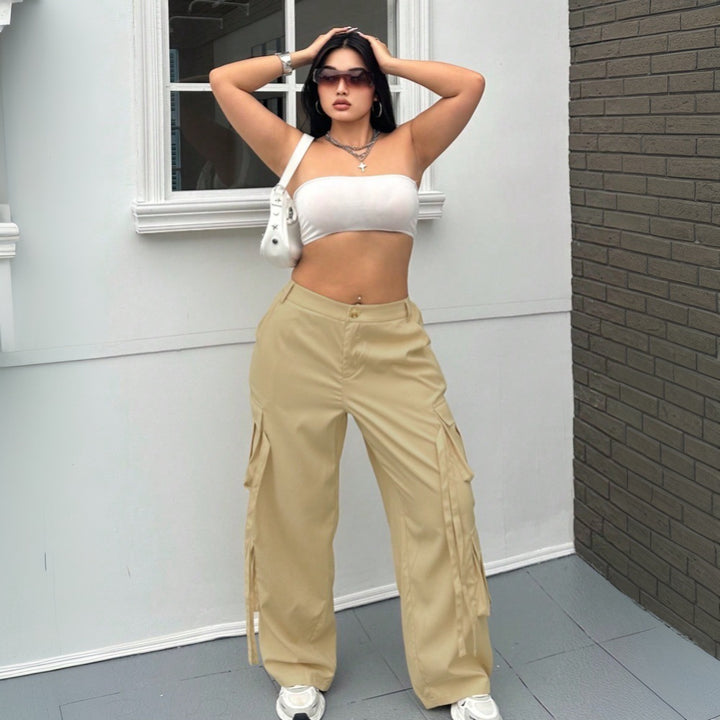 Damen weite Cargo-Hose mit funktionalen Taschen und elastischem Bund Drune