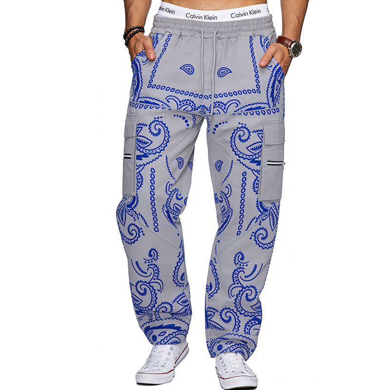 Herren nan Cargo-Jogginghose mit Paisley-Muster, elastischem Bund, multiple Reißverschluss- und Klappentaschen Drune