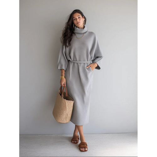 Damen Midikleid aus Rippstrick mit Rollkragen, Bindegürtel und Eingrifftaschen Drune