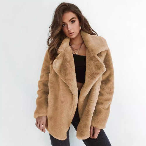 Damen Kuscheliger Oversized Kunstpelz-Mantel mit großem Reverskragen Drune
