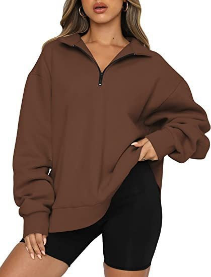 Damen nan oversized Sweatshirt mit halbem Reißverschluss, weichem Fleece-Innenfutter und Kängurutasche Drune