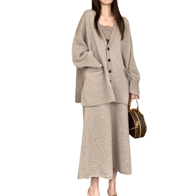 Damen Strickjacken-Kleidungsset mit Knopfdetails Drune