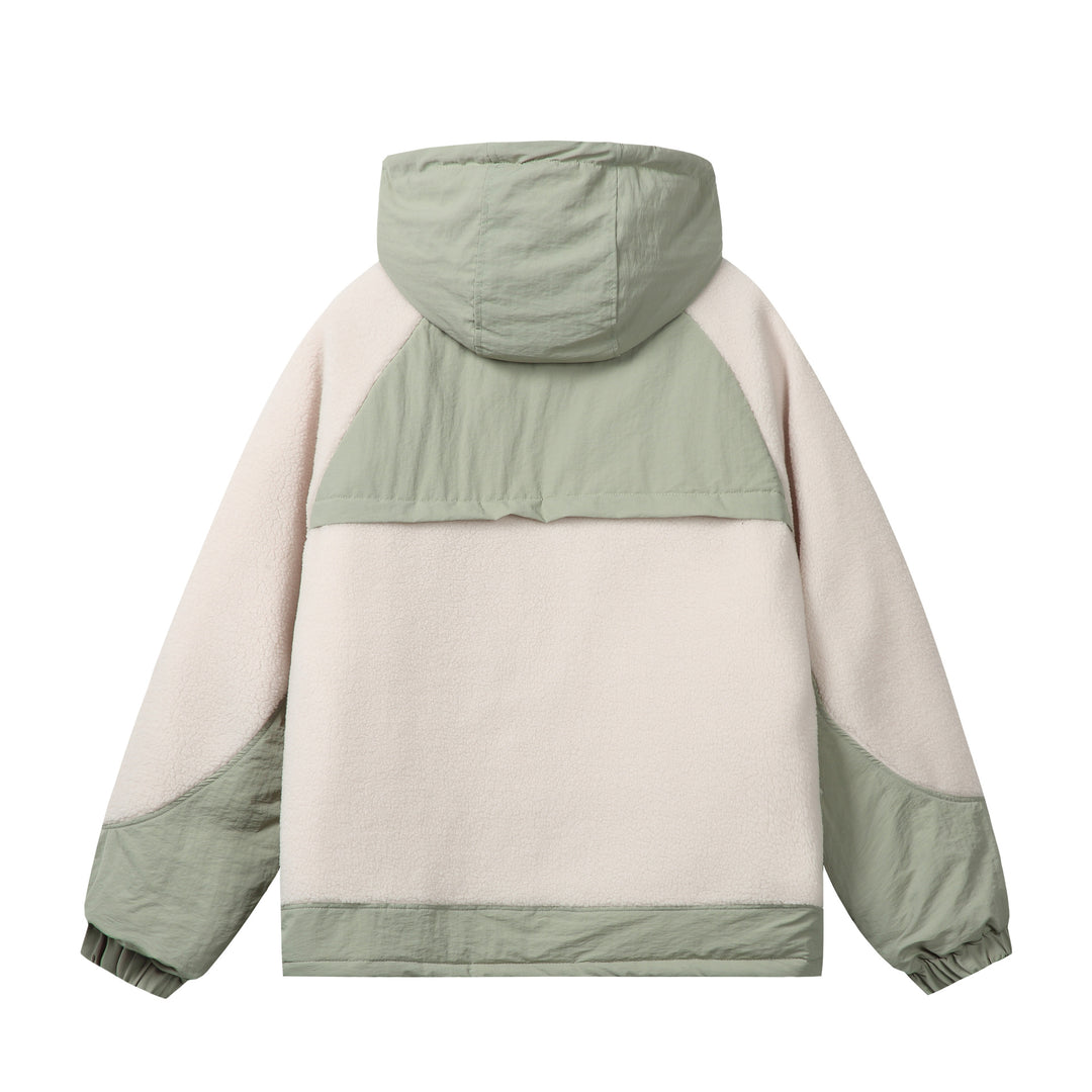 Unisex Boxy-Fleecejacke mit Kapuze und kontrastierenden Nylon-Einsätzen Drune