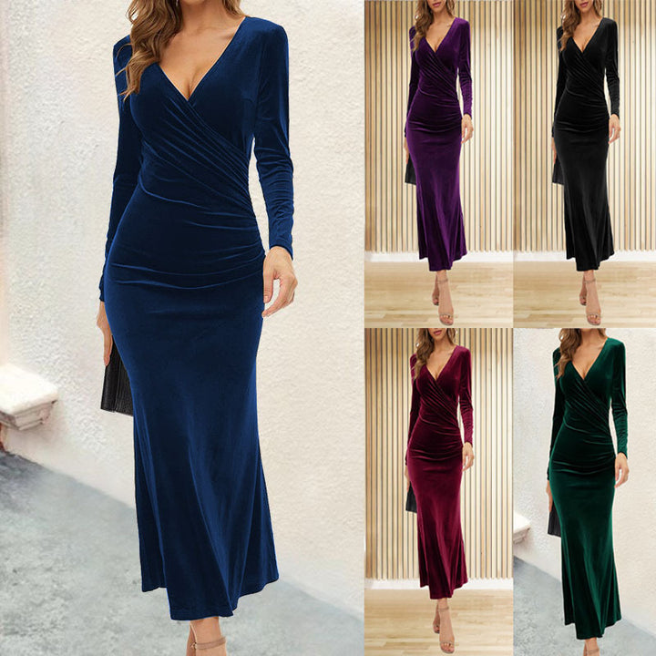 Damen Figurbetontes Samt-Maxikleid mit Wickeloberteil und langen Ärmeln Drune