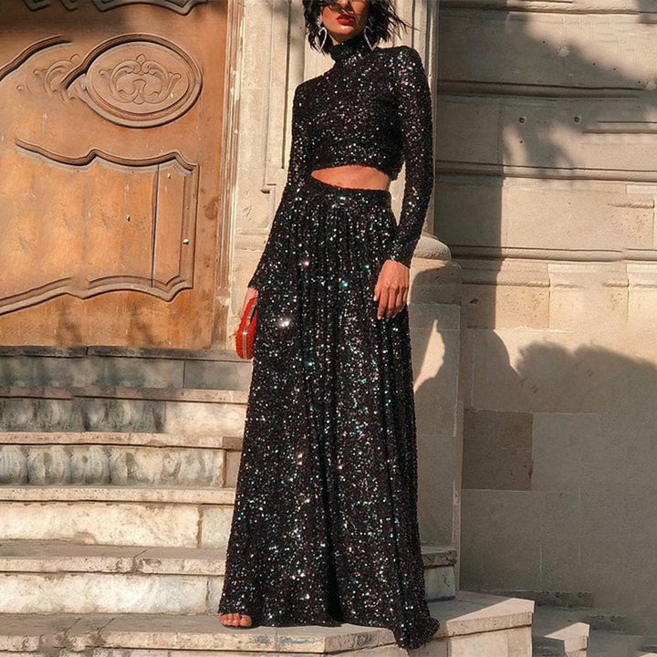 Damen nan zweiteiliges Pailletten-Abendset mit hochgeschlossenem Crop-Top und fließendem Maxirock Drune