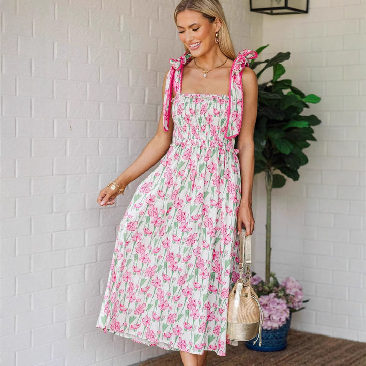Damen Sommerkleid mit Raffung und schulterlangen Bindebändern Drune