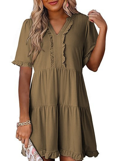 Damen nan leichtes Swingkleid mit V-Ausschnitt, gestufter Rockpartie und zarten Volants Drune