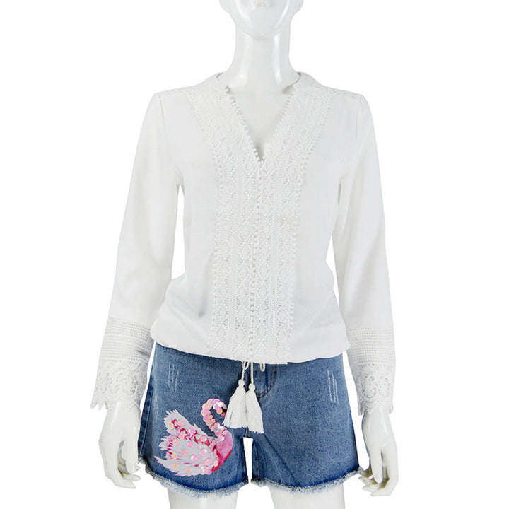 Damen Boho-Spitzenbluse mit V‑Ausschnitt, Häkelbesatz & Quasten‑Tunnelzug Drune